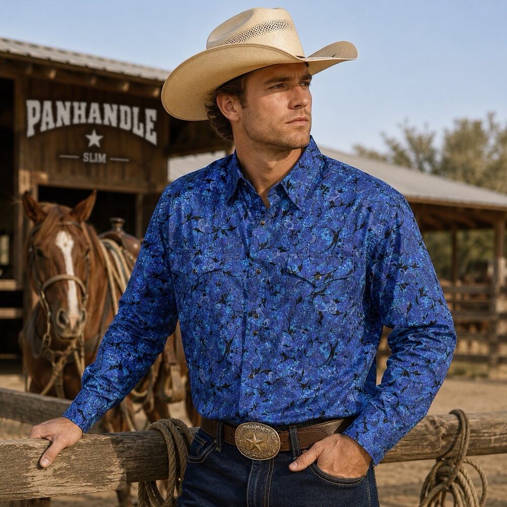 Panhandle Slim Western Shirt Men’s Large Blue Paisley Cowboy Rodeo Pearl Snap